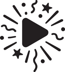 Play button inside confetti burst silhouette, creative vector design for celebration, party, media, and entertainment.