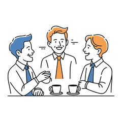 Fototapeta premium Three cheerful businessmen are sitting at a table in a cafe, drinking coffee and discussing work issues