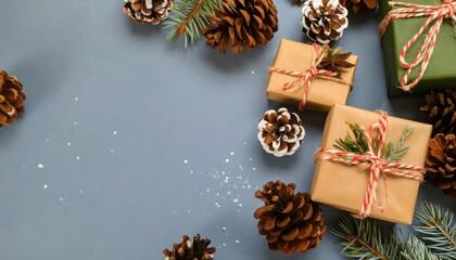 Cozy Holiday Scene with Wrapped Gifts and Pine Cones on Tabletop