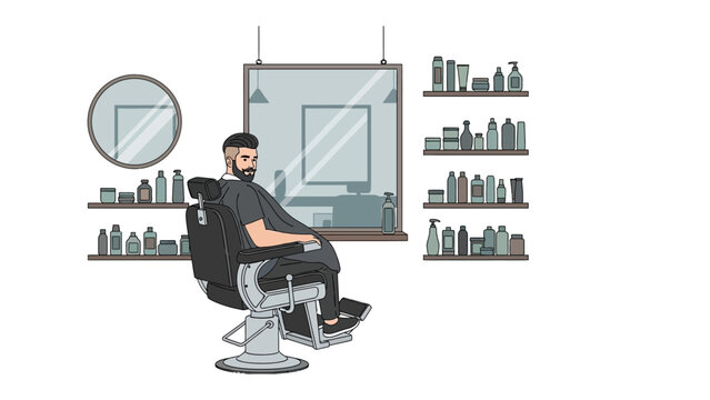 Stylish man with beard sits in a classic barber chair in a modern salon with shelves full of hair products and mirrors