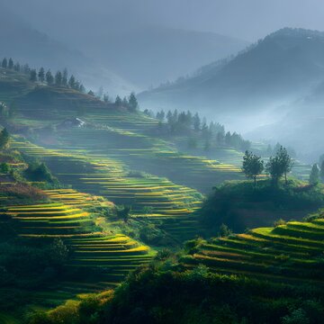 Golden Hues on Terrace Fields: A mesmerizing view of rice terraces cascading down lush green hills, illuminated by a soft, golden light