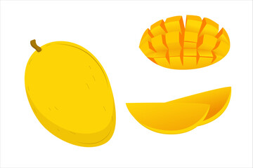 Simple illustration of a whole mango and sliced pieces. Ideal for tropical or food themes.