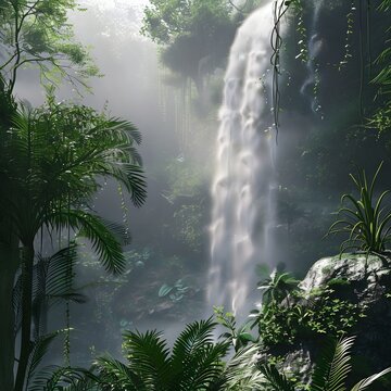 Emerald Cascade: A majestic waterfall plunges dramatically into a lush, emerald-green rainforest, epitomizing nature's breathtaking splendor.