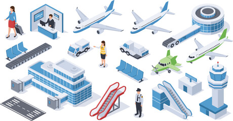 Isometric Airport Scene – Airplanes, Terminal, Control Tower, Vehicles, Staff, Passengers, Runway, Check-In Counter Vector Illustration Collection