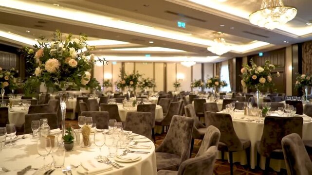 Elegant banquet hall with floral centerpieces ready for event