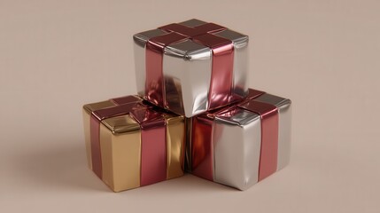 Stylish Silver and Gold Wrapped Gifts with Red Ribbon Decorations