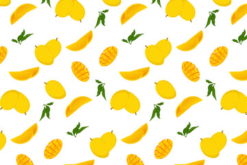 Bright seamless pattern of yellow mango slices and leaves on a white background. Ideal for tropical or food themes.