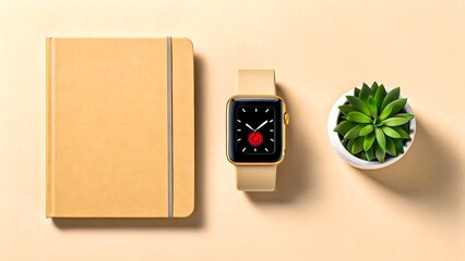 Modern smartwatch with notebook and green succulent plant on beige background for lifestyle and technology concept 
