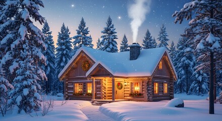 Winter Cabin in Snowy Forest