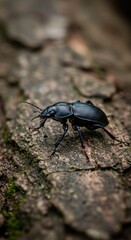 Dark ground beetle crawls on rough tree bark.