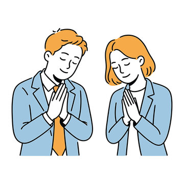 A man and a woman in suits are bowing with their hands together in a gesture of respect, they are smiling and looking down