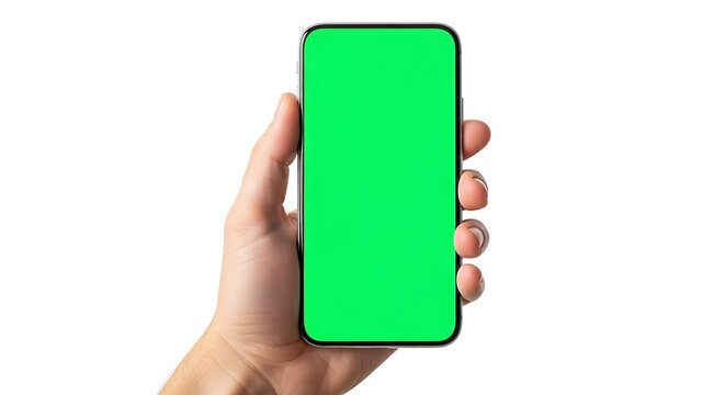 Hand holding a black smartphone with a green screen for mockup isolated on white background for advertising and app promotion