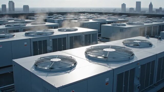 A sprawling network of commercial rooftop HVAC units efficiently expels warm air, highlighting essential climate control infrastructure against a distant urban skyline.