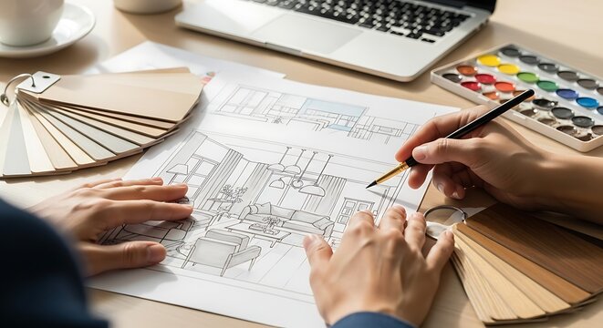 Closeup of an interior designer working on architectural plans with color swatches, a laptop, and design tools on a desk
