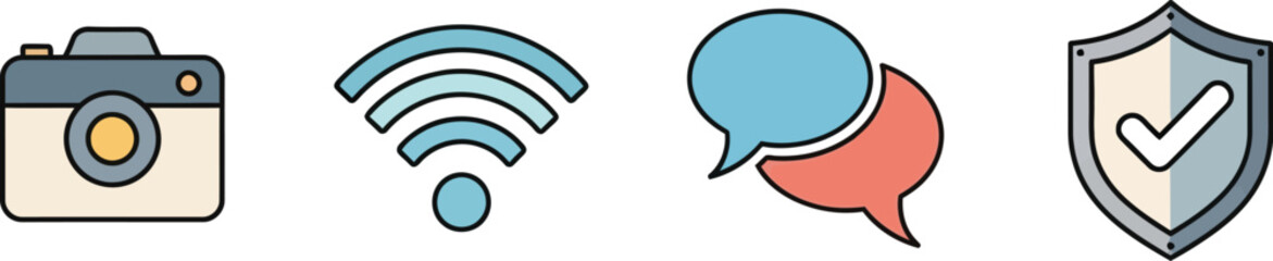 Collection of four diverse digital icons camera wifi chat security symbol set vector