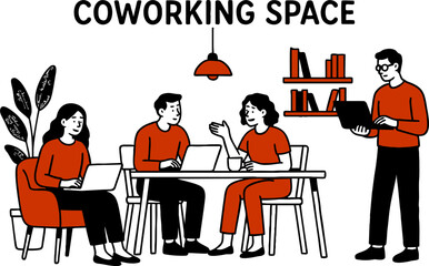Banner Advertising Modern Coworking Space. Cartoon People Freelancers Characters Sit at Table or on Sofa Typing Laptop. Creative Open Space Office. Shared Working Environment. Vector Illustration