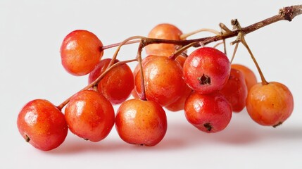Close up of vibrant red berries on branch isolated on light background