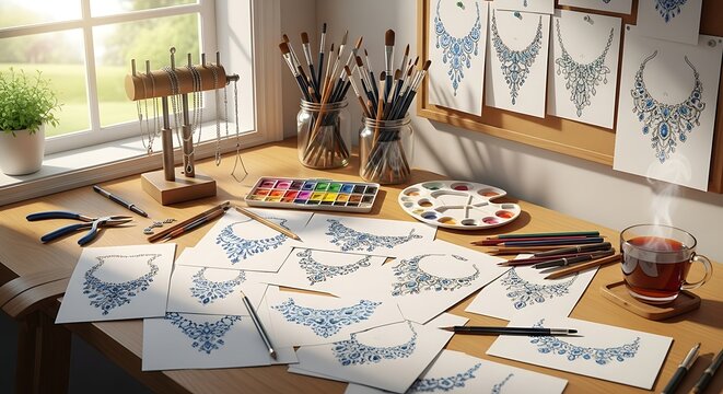 Jewelry designers workspace with sketches, tools, and watercolors, showcasing creative process and inspiration in a bright studio