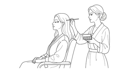 Stylist applying makeup to a woman sitting in a chair with a brush and palette in a clean line art illustration