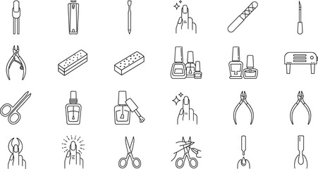 Line icon set of nail care tools, manicure accessories, polish bottles, scissors, buffers, UV lamp, grooming symbols, beauty essentials
