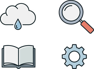 Set of four icons representing weather search education and settings simple graphics vector