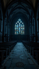 Obraz premium Interior view of an old church with stained glass windows and rows of wooden pews