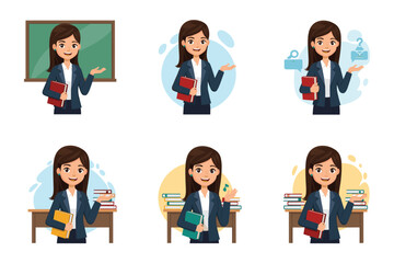 cartoon female teacher illustration, educational character with books, classroom scenes, planning visuals, school setting, learning concept artwork