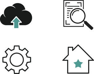 Set of four simple icons cloud upload search gear and home star for digital applications vector
