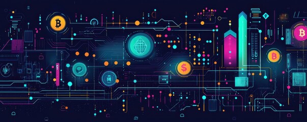 Colorful digital representation of blockchain technology with Bitcoin and cryptocurrency symbols