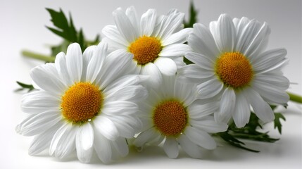 Obraz premium Vibrant chamomile blossoms closeup with delicate white petals and bright yellow centers, natural remedy theme, highangle shot with clean white background and ample copy space on the left