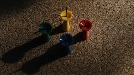 A collection of four push pins, each with a unique color and shape, arranged in a loose circle on a cork surface.