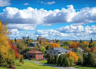 Obraz premium Suburban autumn landscape with colorful trees, houses, and a city skyline under a bright blue sky with fluffy clouds.