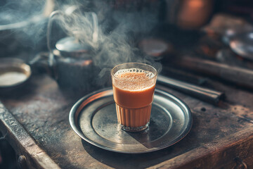 Hot cutting chai in glass with steam on street counter