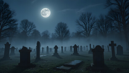 Spooky graveyard scene with full moon and fog creating a mysterious atmosphere