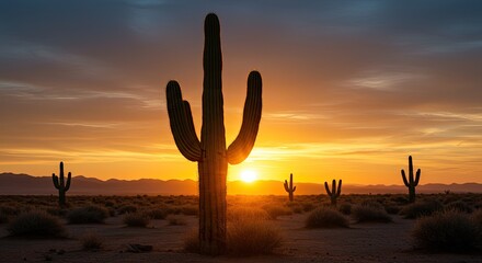 Majestic Saguaro Cactus Silhouette at Sunrise in the Sonoran Desert, Arizona. Warm Golden Sunlight Bathes the Desert Landscape, Casting Long Shadows