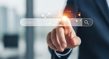 A businessman is using his finger to search the internet with a search bar, representing the concept of online information access