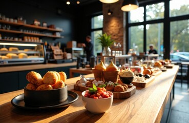 Fototapeta premium Woman enjoying a bakery display with assorted pastries and desserts in a modern cafe setting