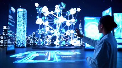 Scientist interacting with digital data visualization in a futuristic cityscape at night - Powered by Adobe