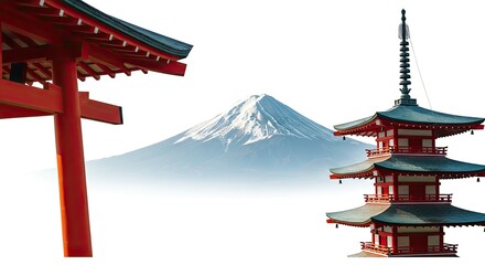 Majestic View of Mount Fuji with Traditional Japanese Architecture: Red Torii Gate and Pagoda Against a Snowy Mountain Peak under a Clear Sky