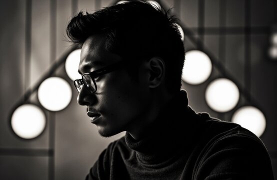 A young man wearing glasses in a contemplative pose with soft lighting and blurred background