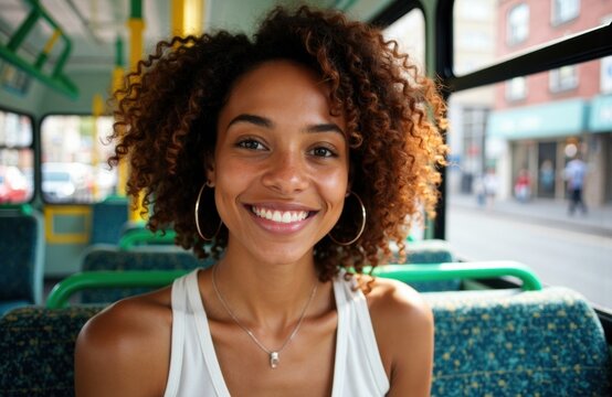 A smiling woman with curly hair sitting on a bus during daytime