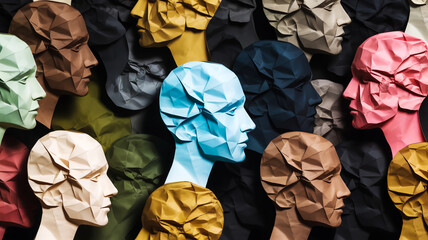 Digital illustration, overlapping head profiles, patterned arrangement, dark background, abstract