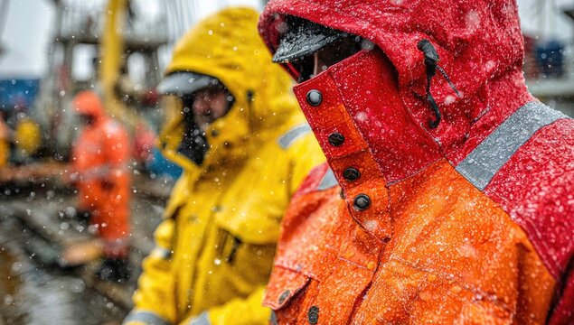 Two workers in bright winter waterproof jackets, covered in snow