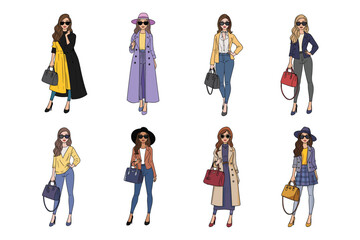 fashionable women illustration, stylish outfits, sunglasses, handbags, seasonal clothing, casual and formal wear, trendy accessories, fashion poses