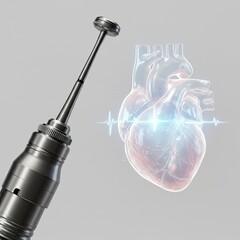 Medical Device and Translucent Anatomical Heart with Heartbeat Visualization on Light Gray Background