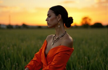 Obraz premium A woman with dark hair and jewelry stands in a grassy field during sunset