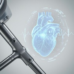 Medical Technology Futuristic 3D Holographic Human Heart Scan Digital Diagnostics Gray Background Blue Light Cardiovascular Healthcare Innovation