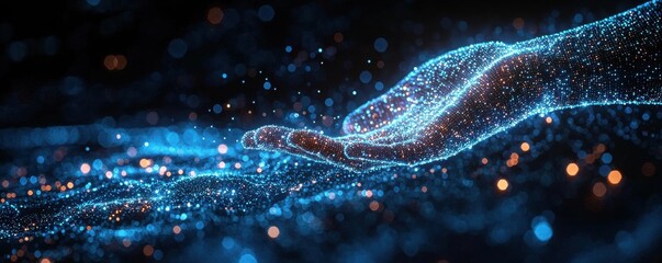 Hand over a vibrant digital landscape with glowing data points