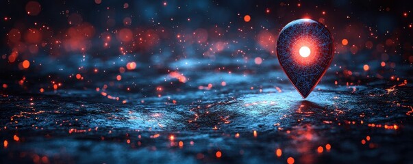 Abstract glowing map pin icon on a digital data network background