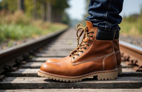 Close-up of a person wearing brown leather boots standing on railway tracks in an outdoor setting